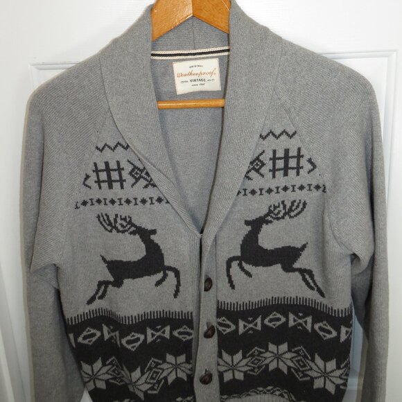Weatherproof Vintage Gray Mens M Cotton Reindeer Christmas Cardigan Shawl Neck - Picture 2 of 4